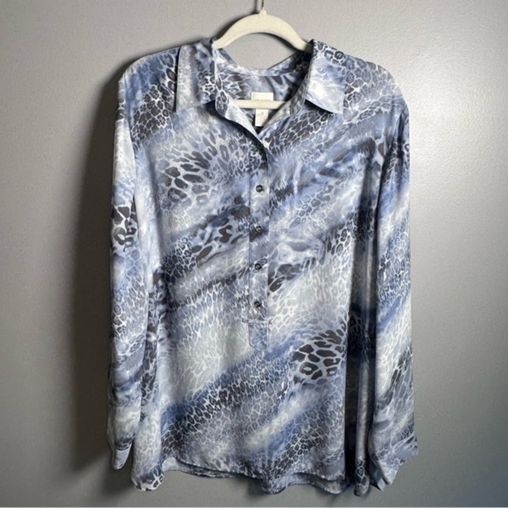 Chico's 3 Leopard Collared 3/4 Sleeve Poly Pullover Tunic Blouse XL